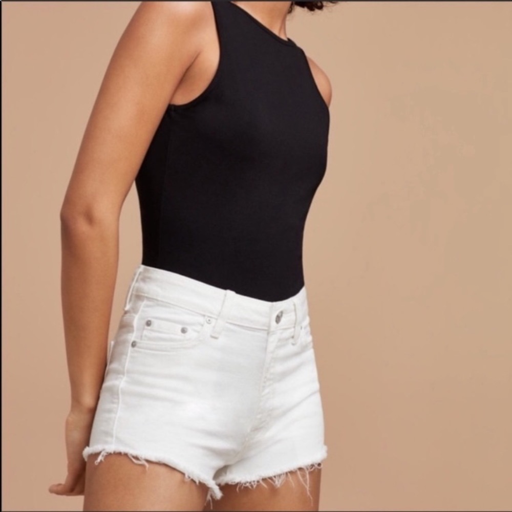 Aritzia Tallulah, raw ham, white denim shorts